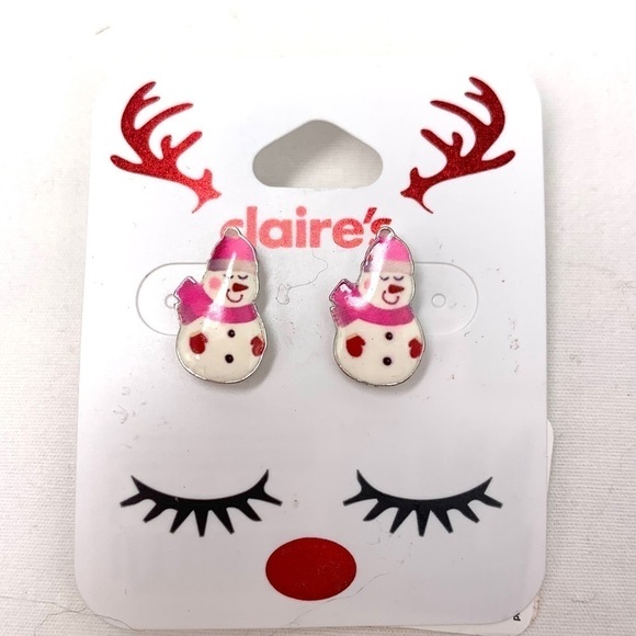 Claire’s Holiday Pierced Earrings-Enamel Snowman Studs, Pink/White NWT - Picture 1 of 3